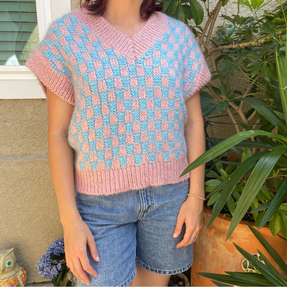 Zara Pink and Blue Checkered Knit Vest